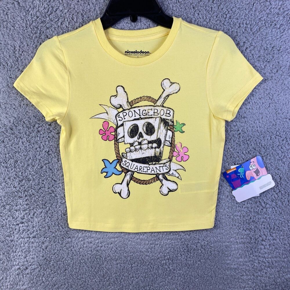 SpongeBob SquarePants Womens T-Shirt Cross & Bones Yellow  Sz S Nickelodeon NWT
